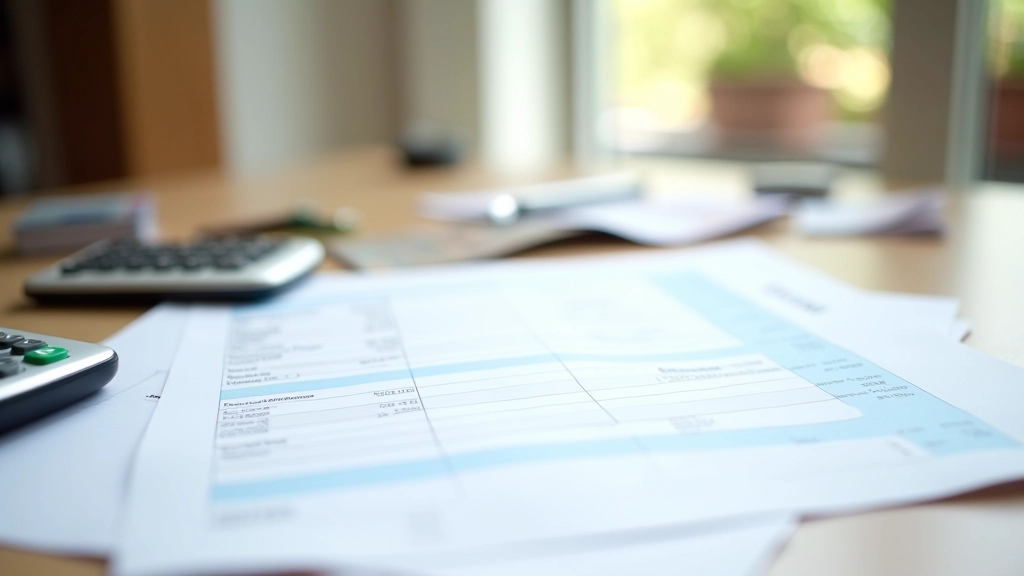Household budget spreadsheet with calculator, pen, and financial documents on wooden desk